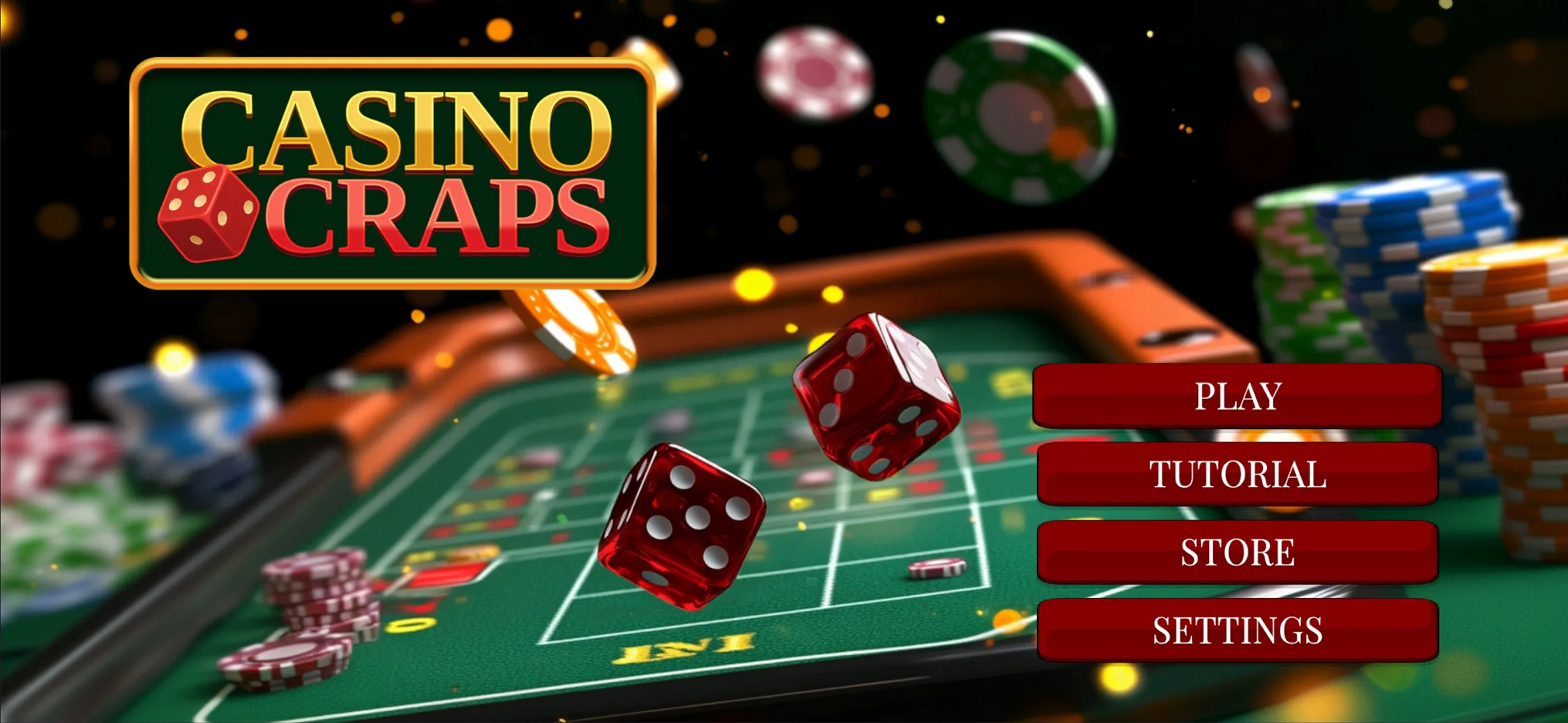 Casino Craps title screen with Play, Tutorial, Store, and Settings