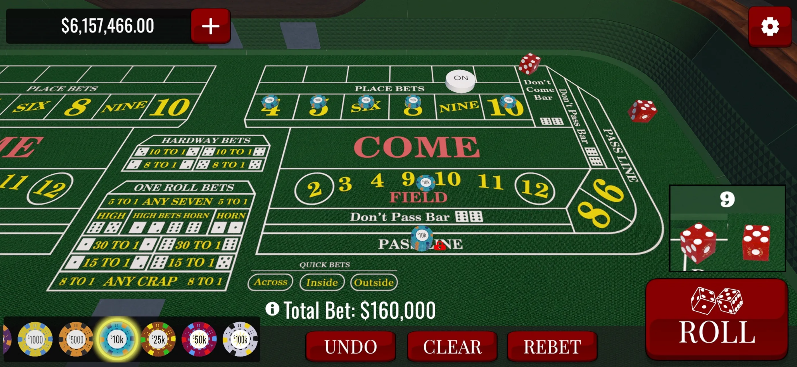 The craps table with chips down and a roll ready