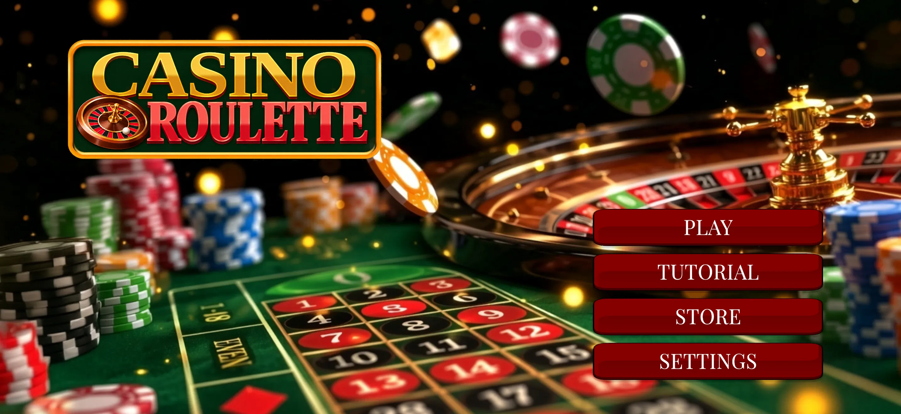 Casino Roulette title screen with Play, Tutorial, Store, and Settings