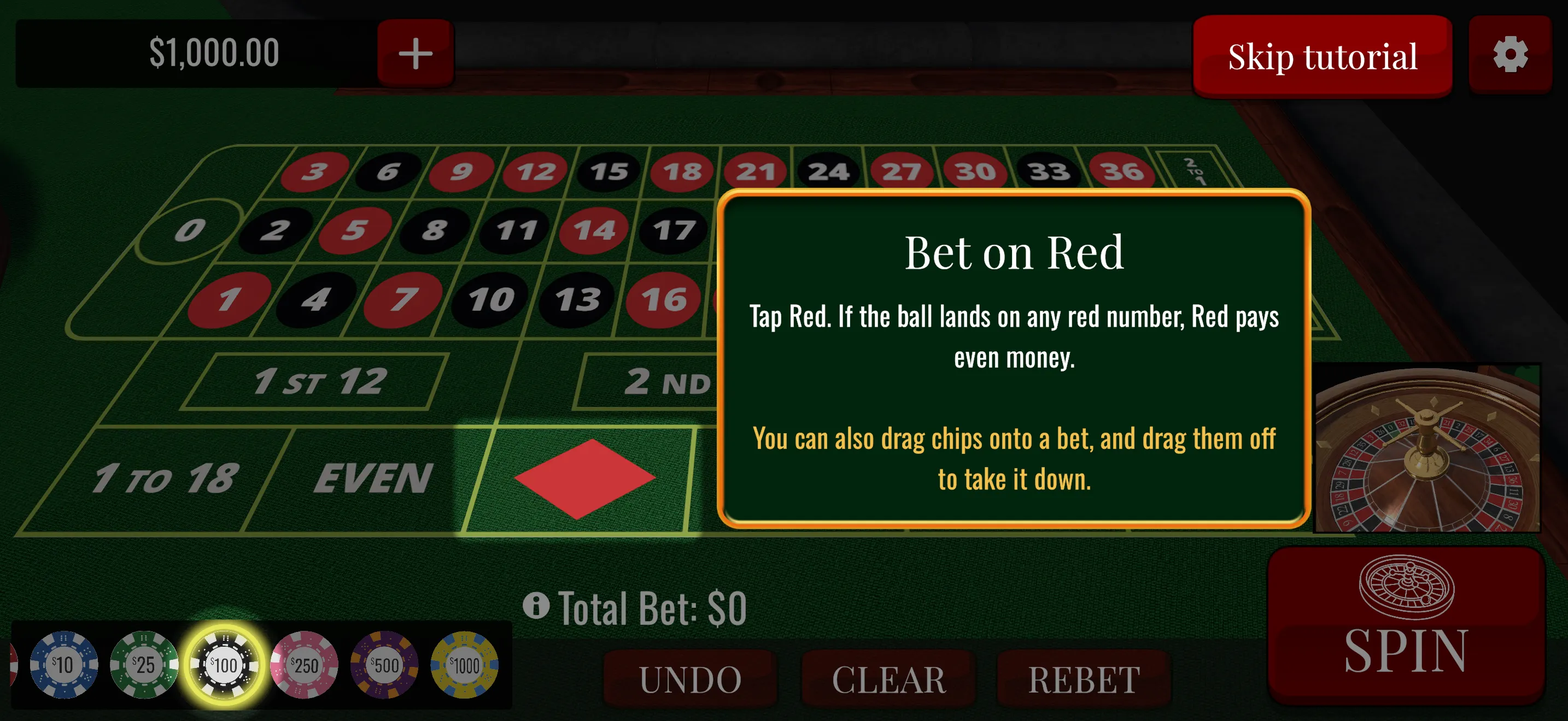 Tutorial step showing how to bet on Red and drag chips on or off the layout