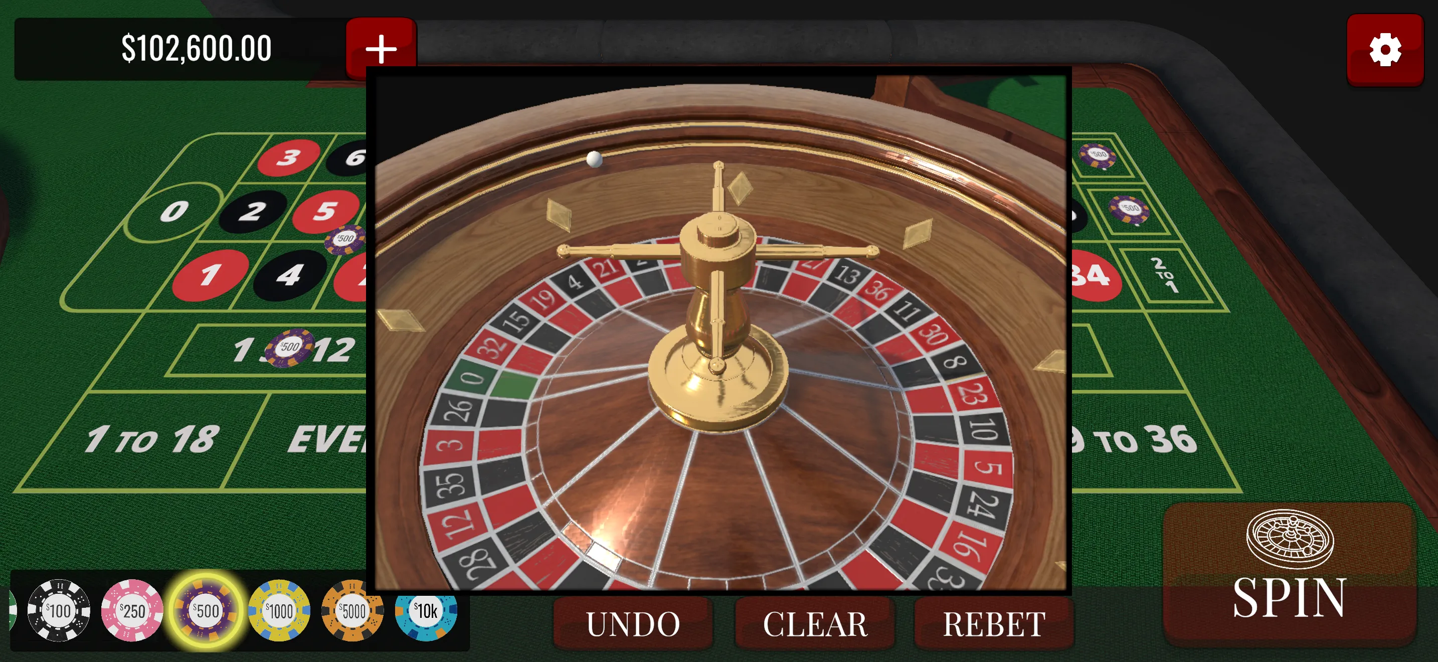 The roulette wheel spinning with the ball in motion