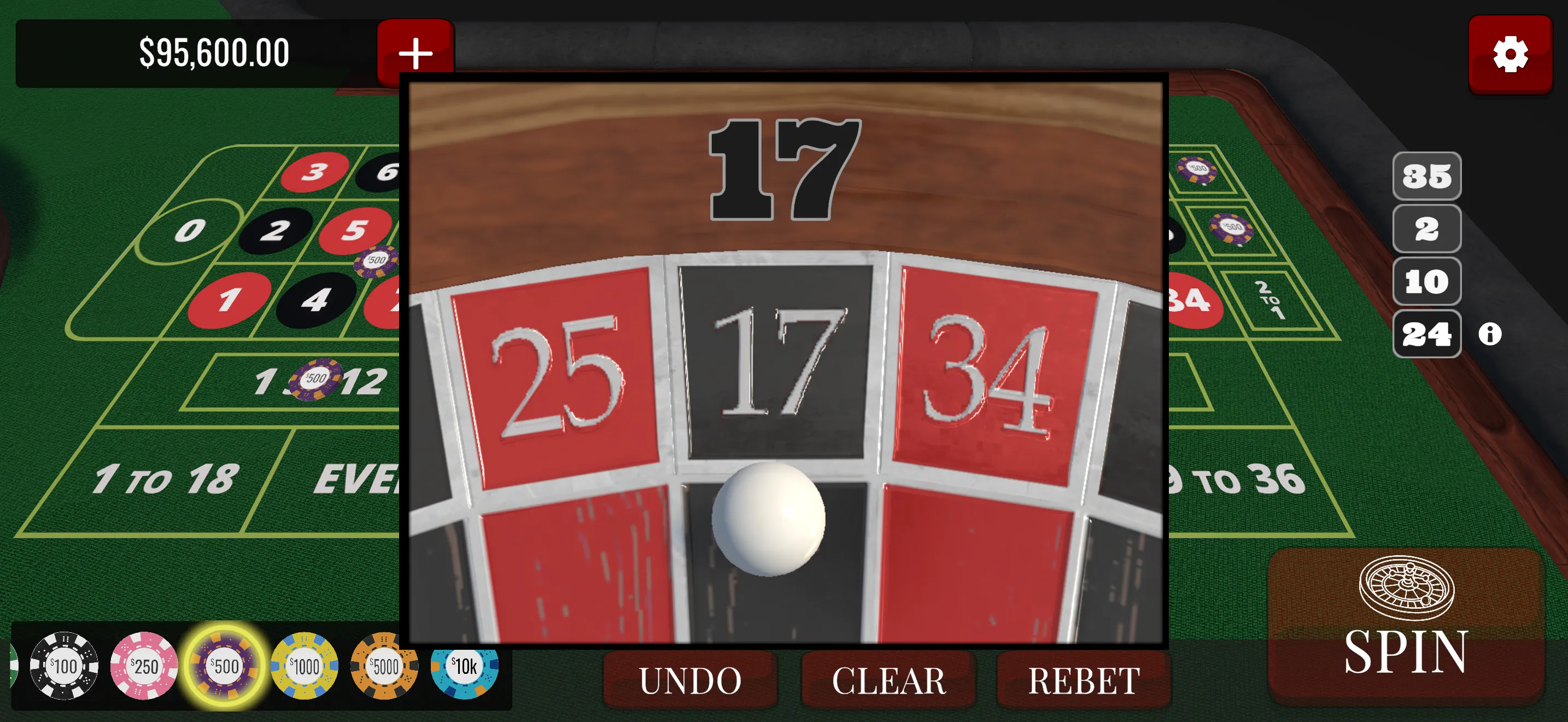 Close-up of the ball landing on 17, between 25 and 34