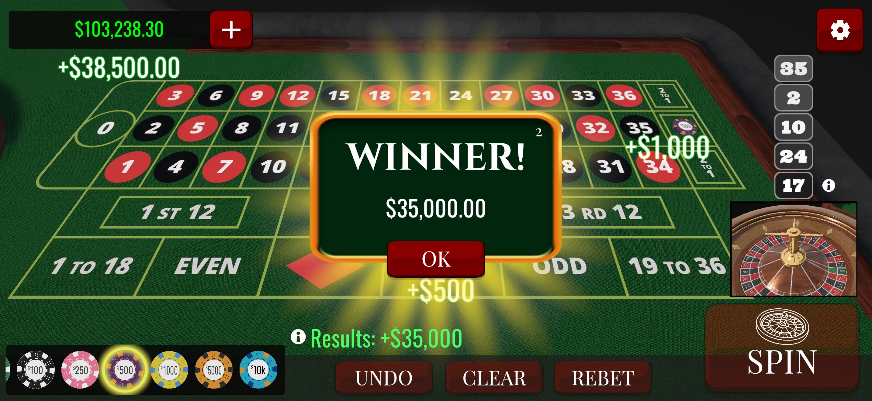 A winning spin paying out on the roulette table